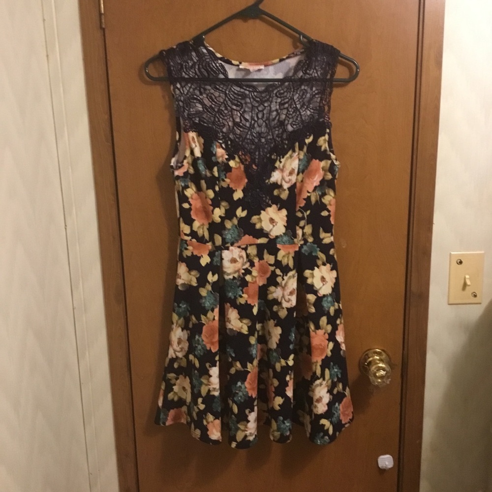 Agaci Floral Flower Flare Sleeveless Crochet Skater Dress L
